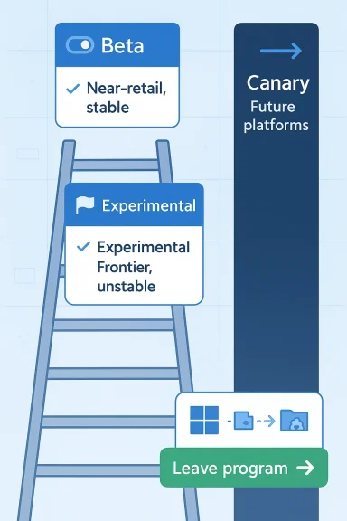 Illustration of a deployment ladder showing Beta, Canary, and Experimental platforms with a “Leave program” button.