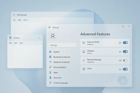 Windows settings window showing “Advanced Features” toggles like Snap windows and Remote Desktop.