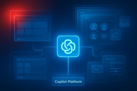 Neon blue network backdrop with a glowing ChatGPT icon and “Copilot Platform” label.