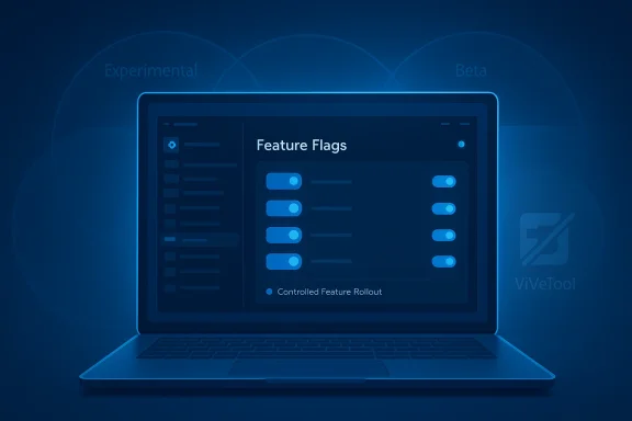 Blue tech-themed laptop UI displaying “Feature Flags” and controlled feature rollout options.