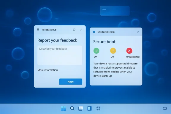 Windows interface showing Feedback Hub and Windows Security “Secure boot” status with On/Off/Unsupported options.