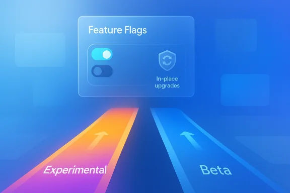 Futuristic UI graphic showing “Feature Flags,” with Experimental and Beta upgrade arrows on a blue background.