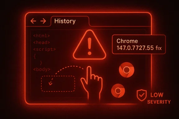 Neon UI screenshot showing a warning icon, browser history panel, and severity indicators.