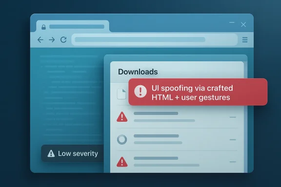 Browser downloads page shows a warning: “UI spoofing via crafted HTML + user gestures.”