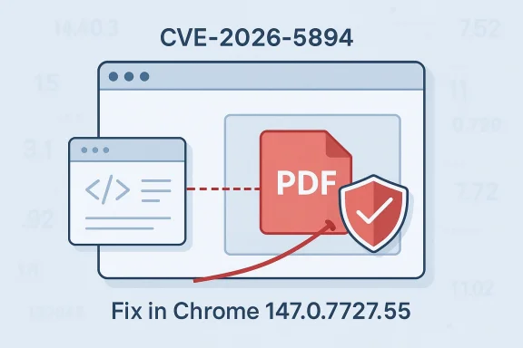 Illustration showing a PDF file protected by a shield, with text “CVE-2026-5894” and “Fix in Chrome 147.0.7727.55”.