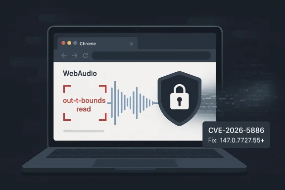 Laptop screen shows WebAudio audio signals protected by a shield, labeled with CVE-2026-5886 fix.