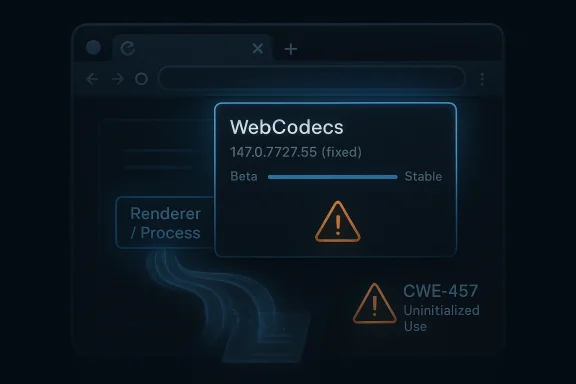 Browser window showing a WebCodecs version warning and CWE-457 uninitialized use alert.