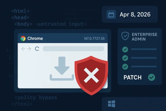 Chrome update blocked by a red shield with “Enterprise Admin” and a “Patch” status on a dark tech UI.