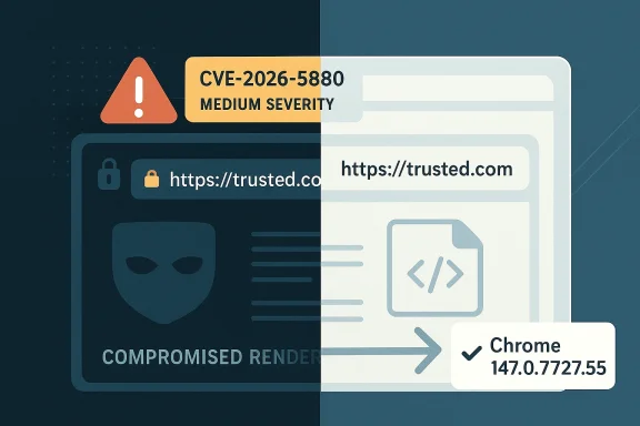 Security alert graphic showing CVE-2026-5880 medium severity and a compromised Chrome IP.