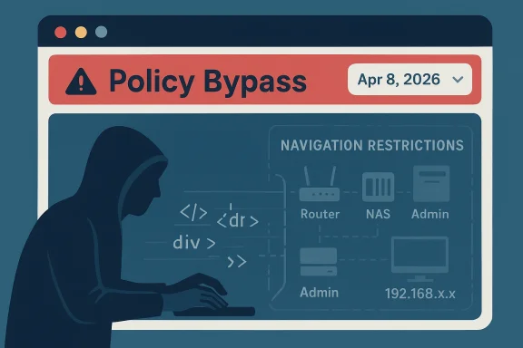 Hacker silhouette beside a “Policy Bypass” warning screen showing navigation restrictions.