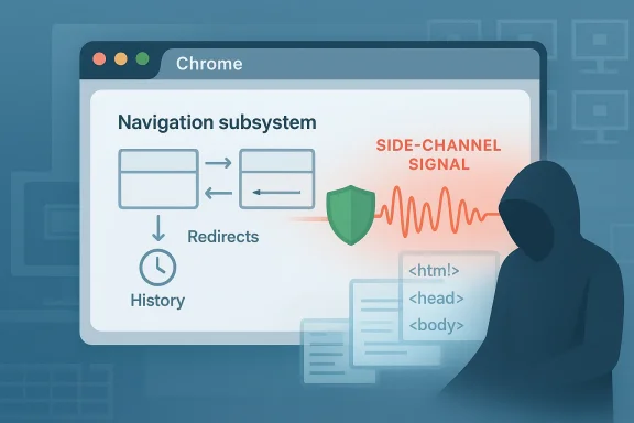 Illustration of Chrome’s navigation subsystem with side-channel signal, shield, and a masked hacker.