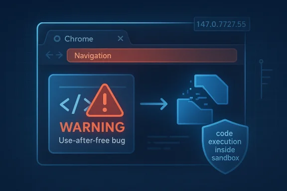 Tech interface showing a “WARNING” use-after-free bug with code execution inside a sandbox.