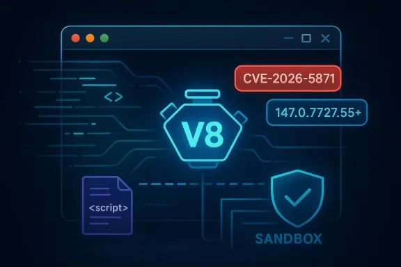 Cybersecurity-themed dashboard showing CVE-2026-5871, V8 engine, and sandbox protection.