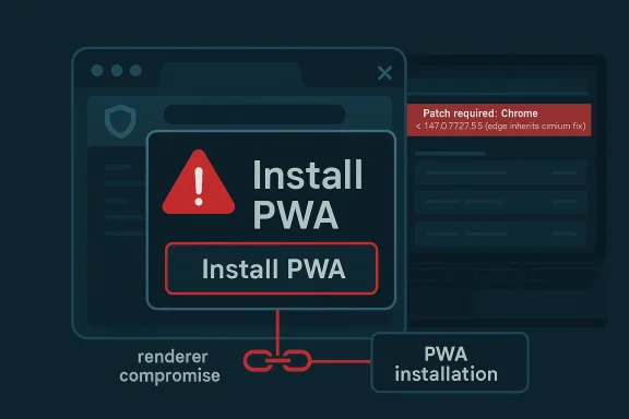 Graphic showing “Install PWA” warning with “Patch required: Chrome <147.0.7727.55” prompt.