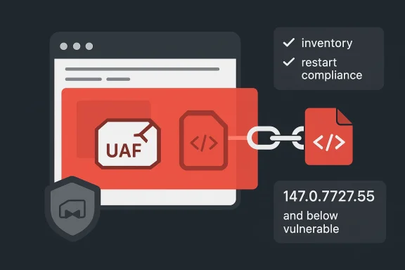 Cybersecurity dashboard illustration showing UAF and code icons, with “inventory,” “restart,” and “compliance” status.