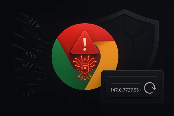 Warning icon over a multicolor cybersecurity emblem with “147.0.7727.55+” data and a refresh arrow.