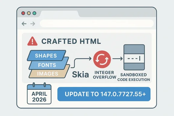 Illustration of “Crafted HTML” showing Skia, integer overflow, and sandboxed code execution with an update to 147.0.7727.55+.