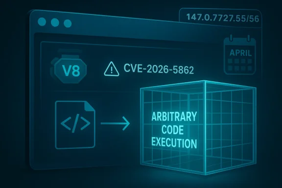Cybersecurity interface shows CVE-2026-5862 with arbitrary code execution and version V8 indicators.