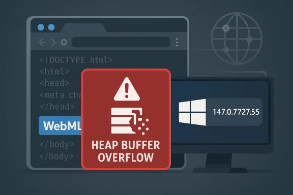 Browser code screens show a red “Heap Buffer Overflow” warning sign.