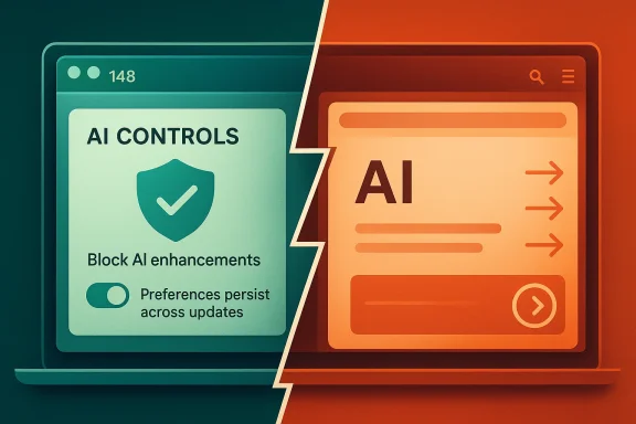 Split-screen laptop display showing “AI controls” security on one side and “AI” interface on the other.