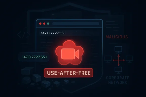 Cyber security interface graphic with a red cloud icon and “USE-AFTER-FREE” warning.