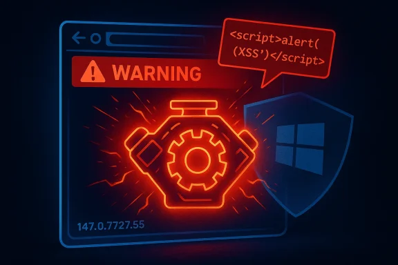 Cybersecurity warning graphic with an XSS alert and a gear icon under a shield.