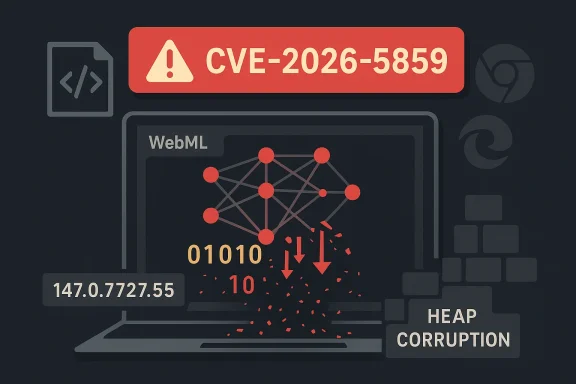 Cybersecurity alert showing CVE-2026-5859, webML graph, and “HEAP CORRUPTION” on a monitor.