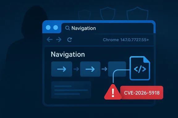A blue browser UI shows “Navigation” with a warning labeled CVE-2026-5918.