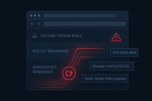 Cybersecurity warning graphic showing a secure origin wall, sandboxed renderer, and same-origin policy bypass alert.