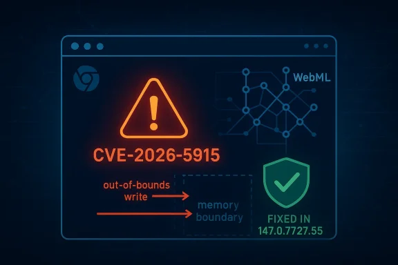 Cybersecurity graphic showing CVE-2026-5915 vulnerability warning with “Fixed in” and WebML network motif.