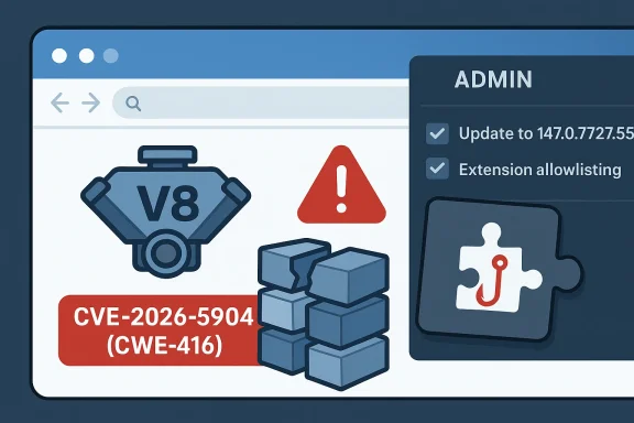 Cybersecurity dashboard graphic showing CVE-2026-5904 (CWE-416) with an admin update warning.