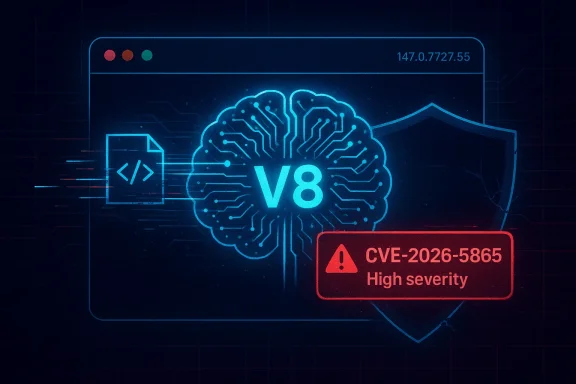 Glowing V8 brain circuit icon with code brackets and a red “CVЕ-2026-5865 High severity” warning.