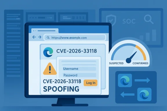 Cybersecurity spoofing warning image with a CVE-2026-33118 login prompt and browser UI.