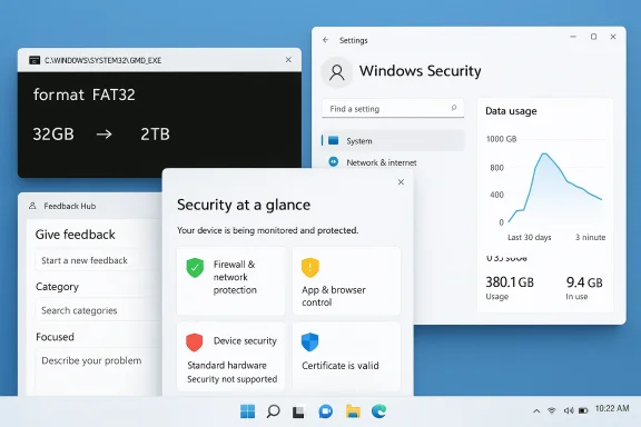 Windows Security settings window with feedback prompt and disk/usage details on a desktop.