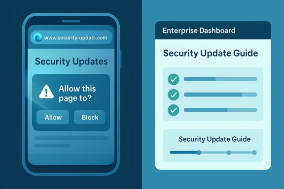 Split-screen graphic showing a mobile “Security Updates” prompt to allow or block, alongside an enterprise dashboard guide.