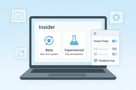 Illustrated laptop screen showing Insider, Beta, Experimental panels and a Feature flags settings window.