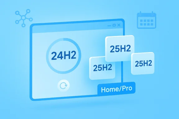 Illustration of a smart dashboard showing home/pro settings with system status cards labeled 24H2 and 25H2.