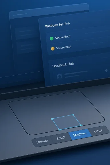Illustrated Windows Security app showing Secure Boot and Feedback Hub settings on a blue interface.
