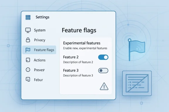 Screenshot of a Settings panel showing “Feature flags” with experimental features and toggle switches.