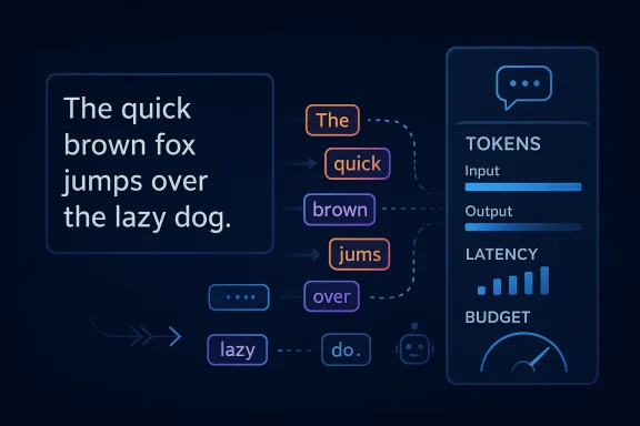 Neon AI tokenization diagram showing “The quick brown fox jumps over the lazy dog” and latency budget.