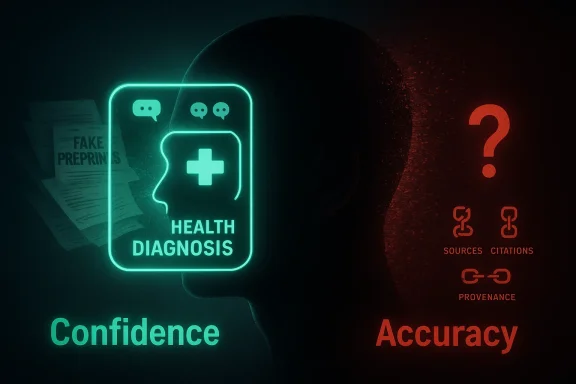Neon health diagnosis icon contrasted with accuracy and confidence, framed by data and question mark symbols.