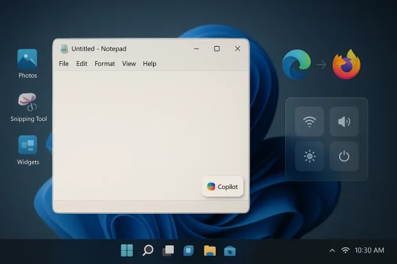 Windows Notepad open on a desktop with Photos, Snipping Tool, Widgets, and Copilot prompts shown.