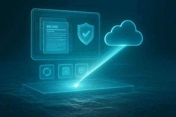 Blue neon cloud security and archive documents with a glowing shield on a digital platform.