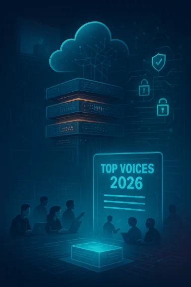 Futuristic cloud server backdrop with “TOP VOICES 2026” digital display and cybersecurity icons.