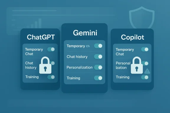 Stylized UI showing ChatGPT, Gemini, and Copilot settings with toggles like Temporary Chat and Training.