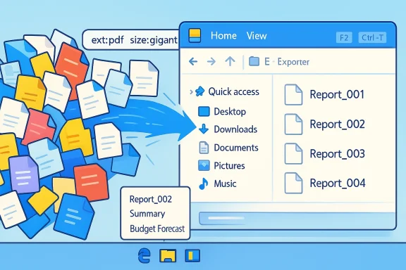 Desktop file explorer window showing multiple reports and a “Quick access” menu over a colorful documents background.