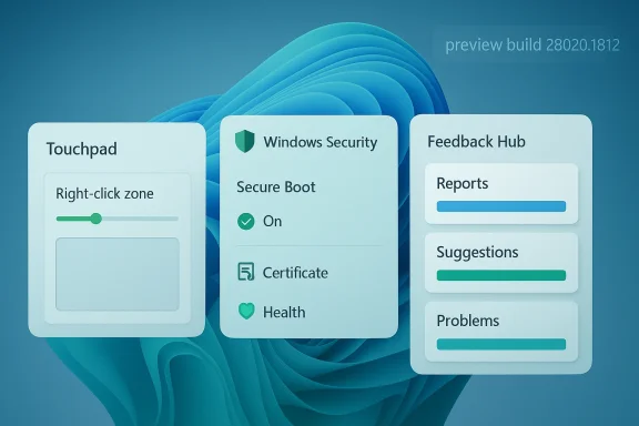 Windows 11 preview UI showing Touchpad settings, Windows Security Secure Boot, and Feedback Hub reports.