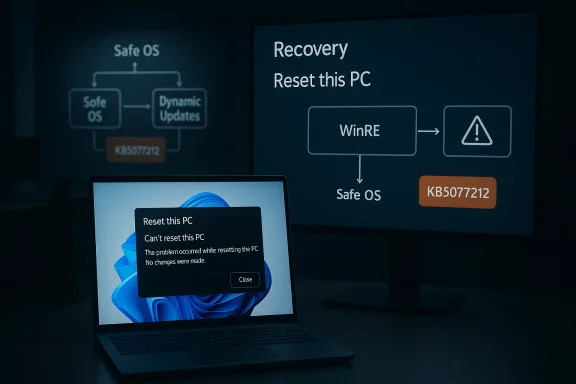 Laptop shows Windows “Reset this PC” failed message; “Recovery” screen indicates WinRE and Safe OS KB5077212.
