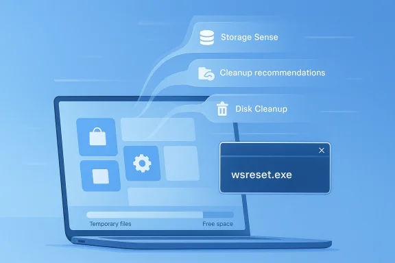Blue tech graphic shows Storage Sense and Disk Cleanup recommendations on a laptop screen.