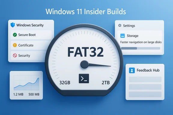 Windows 11 Insider Builds UI graphic featuring FAT32 storage and security/settings panels.